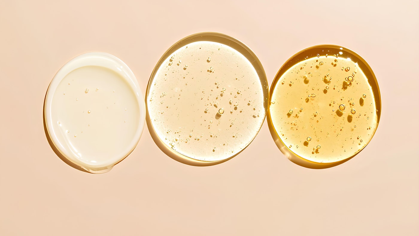 Three luxury skincare textures swatched on glass dishes against a cream background