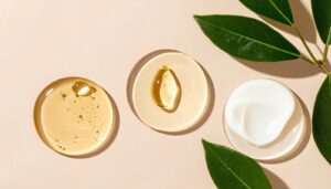 Three skincare textures on glass dishes: gel, oil capsule and cream, on a warm beige surface
